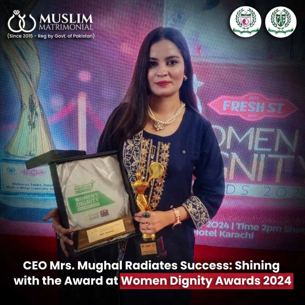 CEO Mrs. Mughal holding the Women's Dignity Award 2024 shield and trophy